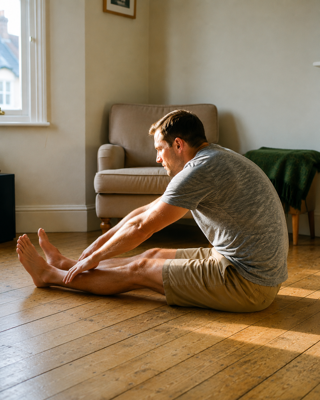 Étirement sans sangle : le dos s'arrondit et la main n'atteint pas le pied